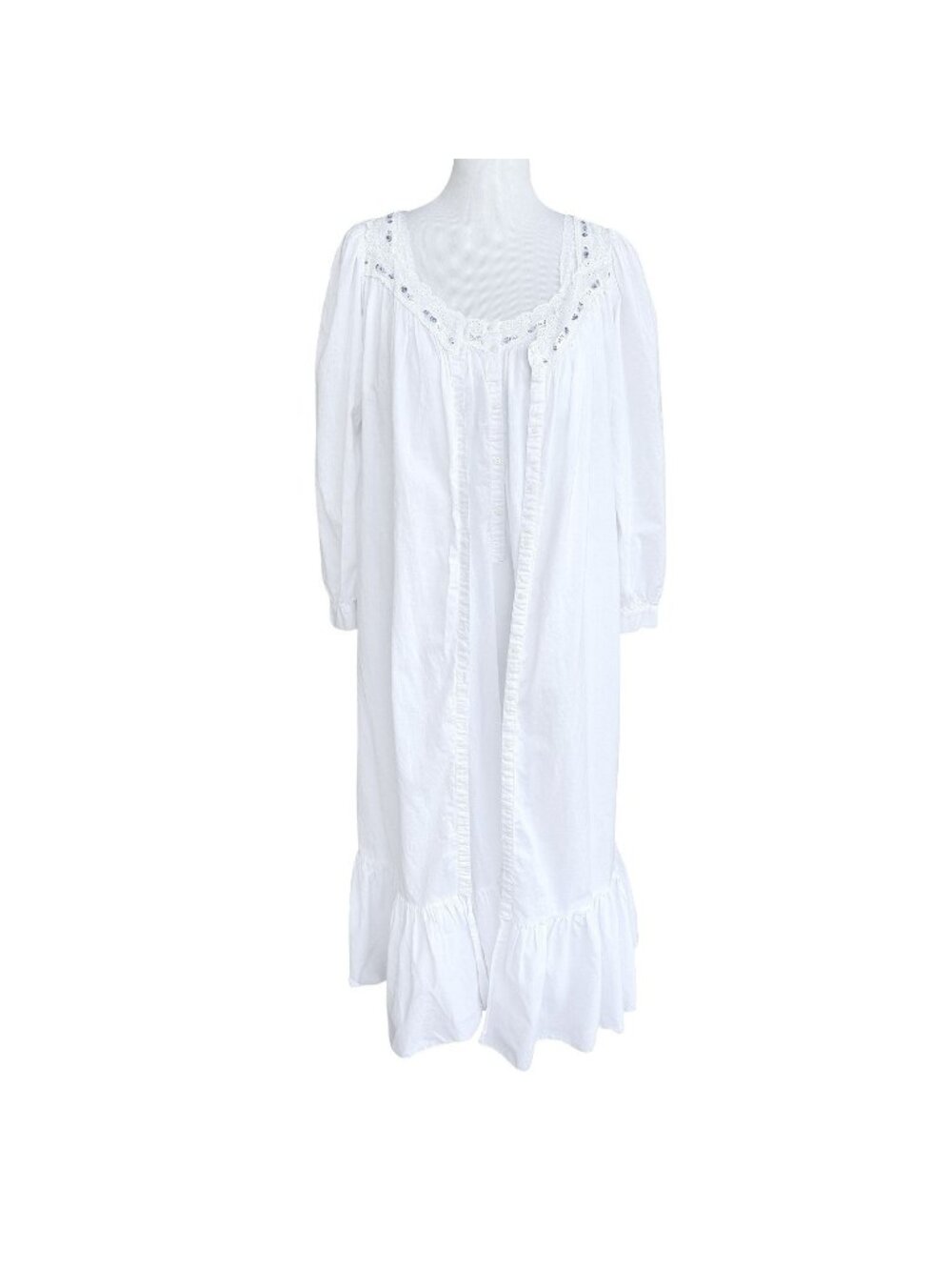 Eileen West Petite Robe & Gown 2 Piece Set Blue Floral Ribbon White Cotton Lace